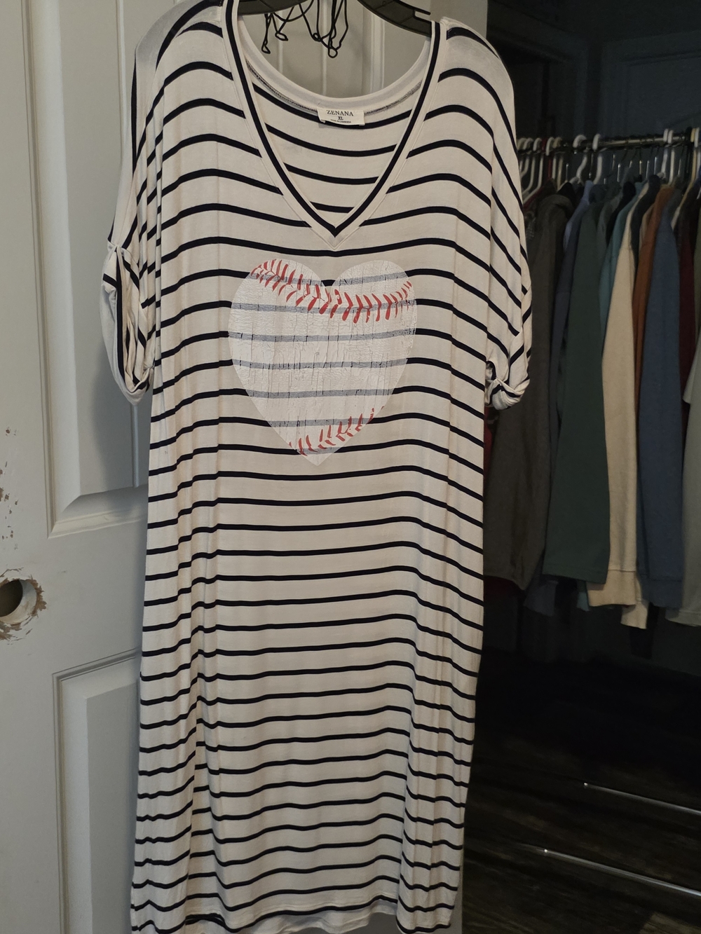 Zenana Outfitters White Black Striped Dress with heart baseball and pockets